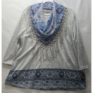 One World Womens 2X Top 3/4 Sleeve  Detachable Scarf Gray Blue Shirt Hippie Boho